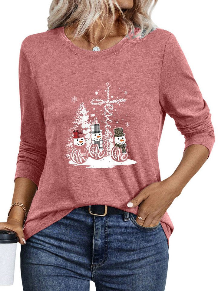 PYLIKE Rundhalsshirt Damen Bequemes Basic-Shirt mit Weihnachtsschneemann Print Weihnachts-Sonderanfertigungen von PYLIKE