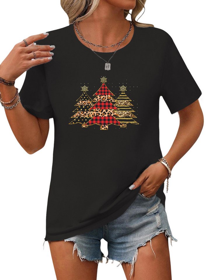 PYLIKE Rundhalsshirt Damen Bequemes Festlich Kurzarmbluse Weihnachtsbaum Print-Shirt Weihnachten Special Feiertag tragen von PYLIKE