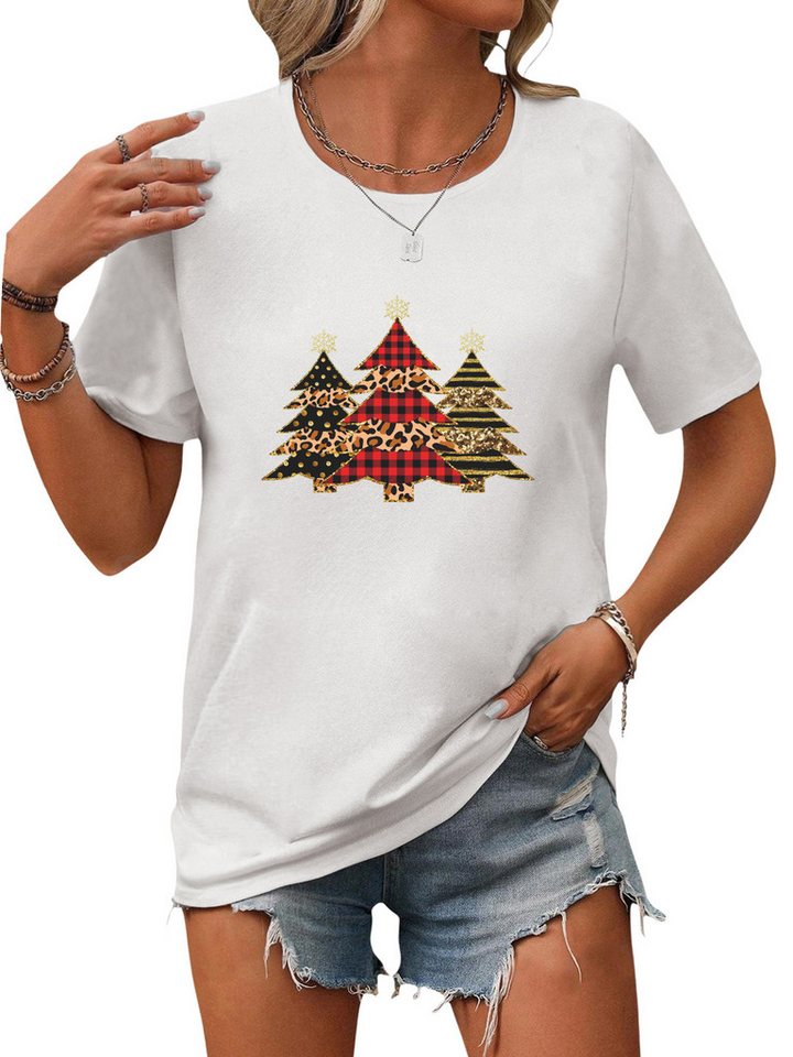 PYLIKE Rundhalsshirt Damen Bequemes Festlich Kurzarmbluse Weihnachtsbaum Print-Shirt Weihnachten Special Feiertag tragen von PYLIKE