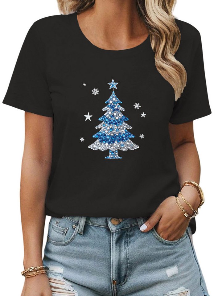 PYLIKE Rundhalsshirt Damen Bequemes Kurzarmbluse Kristall-Weihnachtsbaum Print-Shirt Weihnachten Special Feiertag tragen von PYLIKE