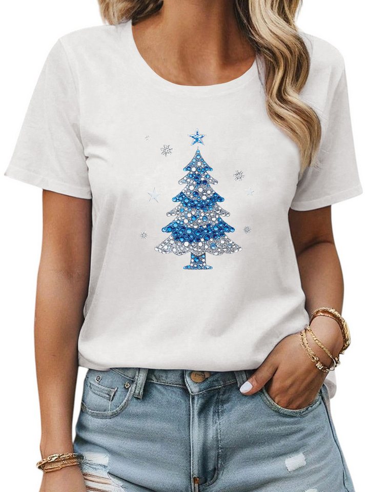 PYLIKE Rundhalsshirt Damen Bequemes Kurzarmbluse Kristall-Weihnachtsbaum Print-Shirt Weihnachten Special Feiertag tragen von PYLIKE