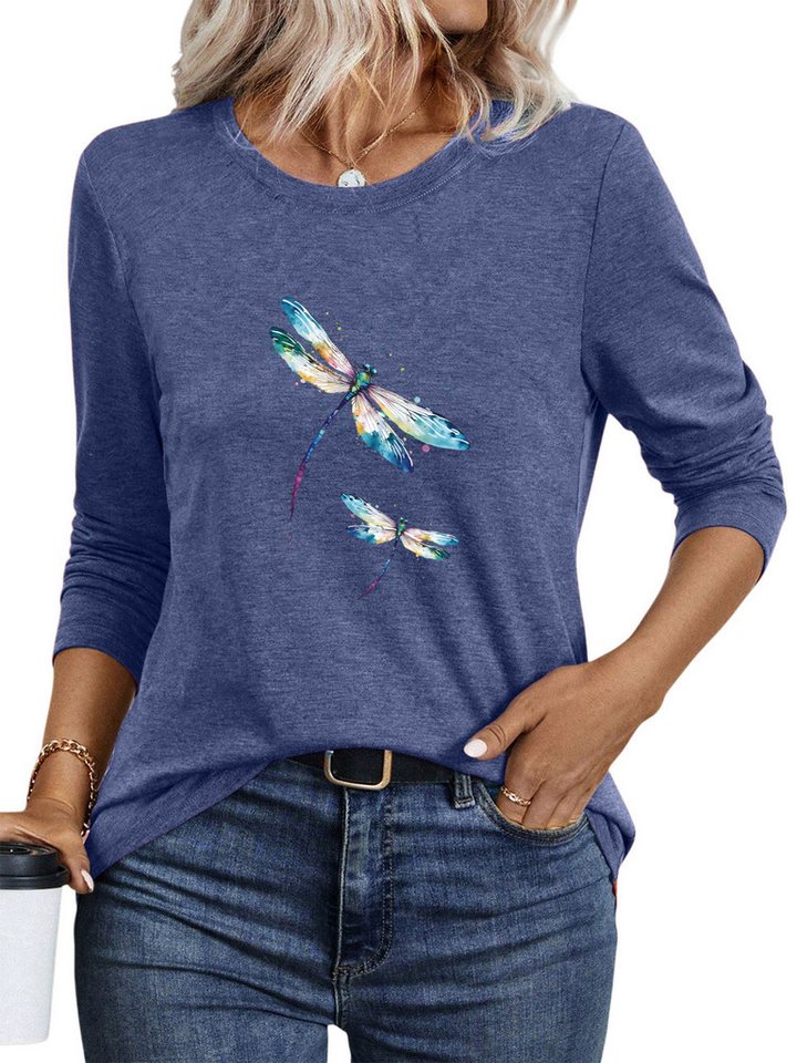 PYLIKE Rundhalsshirt Damen Casual Langarm mit Libelle Druck bequemes Rundhalsshirt Geeignet für den täglichen Gebrauch im Büro und zu Hause PYLIKE Rundhalsshirt Damen Casual Langarm mit Libelle Druck bequemes Rundhalsshirt Geeignet für den täglichen Gebrauch im Büro und zu Hause von PYLIKE