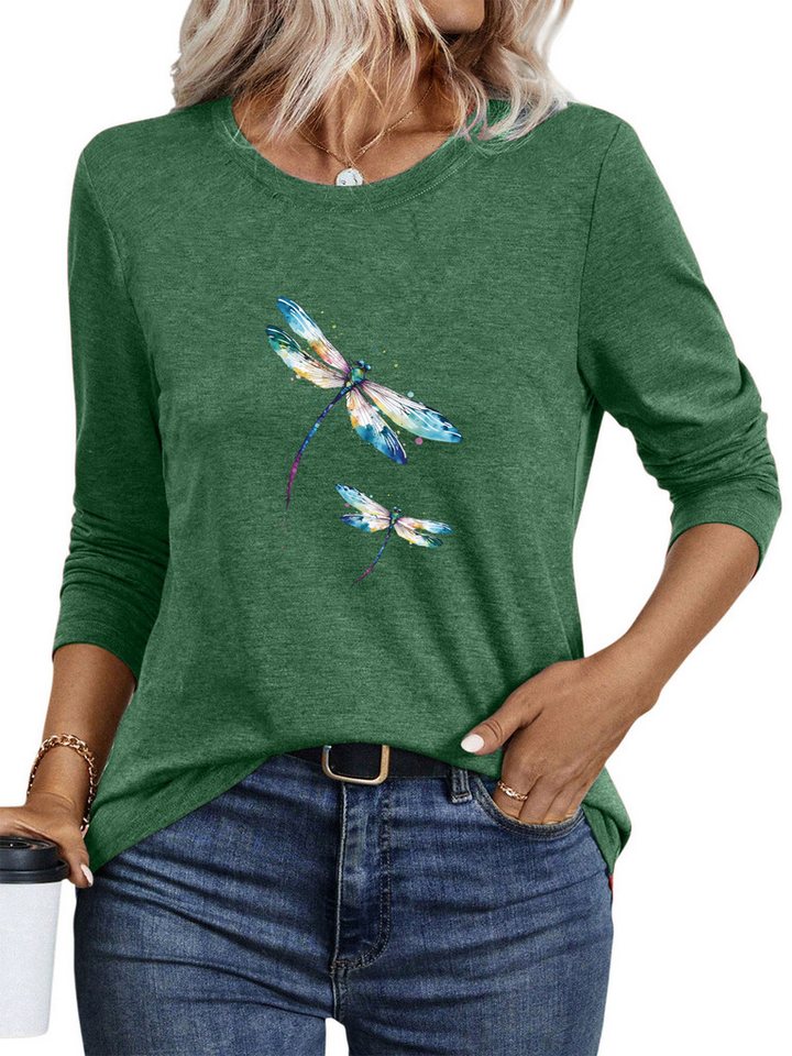 PYLIKE Rundhalsshirt Damen Casual Langarm mit Libelle Druck bequemes Rundhalsshirt Geeignet für den täglichen Gebrauch im Büro und zu Hause von PYLIKE