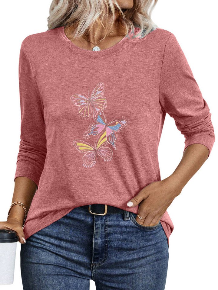 PYLIKE Rundhalsshirt Damen Casual Langarm mit Schmetterling Druck bequemes Rundhalsshirt Geeignet für den täglichen Gebrauch im Büro und zu Hause von PYLIKE