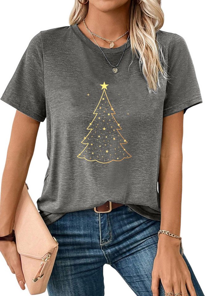 PYLIKE Rundhalsshirt Damen Festlich Basic-Shirts Kurzarm Tops MIT Weihnachtsbaum Print Weihnachten Special Feiertag tragen von PYLIKE