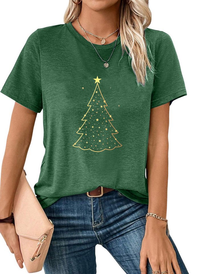 PYLIKE Rundhalsshirt Damen Festlich Basic-Shirts Kurzarm Tops MIT Weihnachtsbaum Print Weihnachten Special Feiertag tragen von PYLIKE