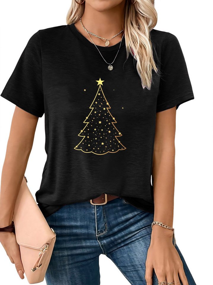 PYLIKE Rundhalsshirt Damen Festlich Basic-Shirts Kurzarm Tops MIT Weihnachtsbaum Print Weihnachten Special Feiertag tragen von PYLIKE