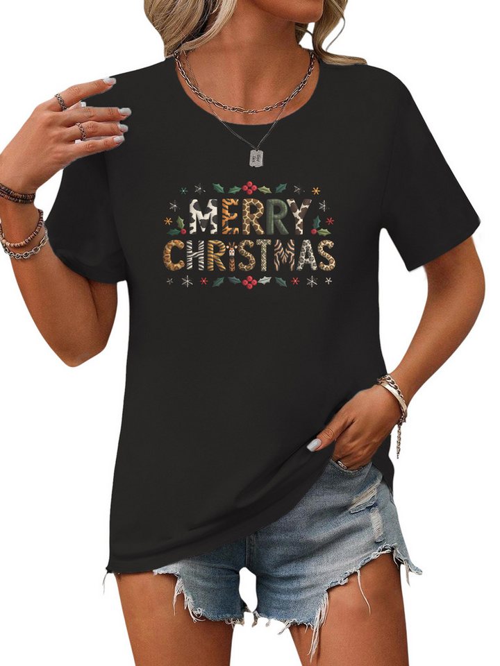 PYLIKE Rundhalsshirt Damen Festlich Christmas Print-Shirt Kurzarm Lockere Tops Weihnachten Special Feiertag tragen von PYLIKE