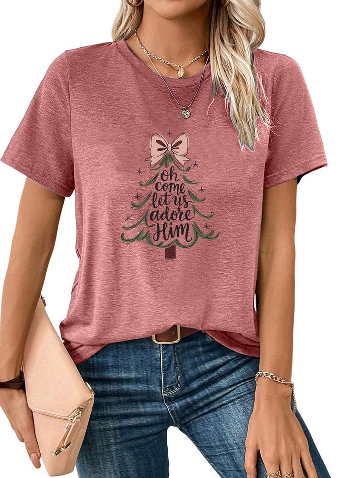 PYLIKE Rundhalsshirt Damen Festlich bequemes t shirt mit Weihnachtsbaum Print-Shirt Weihnachten Special Feiertag tragen von PYLIKE