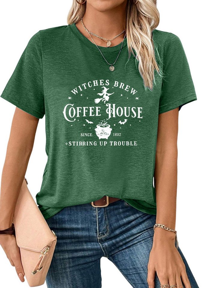 PYLIKE Rundhalsshirt Damen Halloween Kurzarmshirt mit Hexenhut Druck bequemes t- shirt Halloween Special Feiertag tragen PYLIKE Rundhalsshirt Damen Halloween Kurzarmshirt mit Hexenhut Druck bequemes t- shirt Halloween Special Feiertag tragen von PYLIKE
