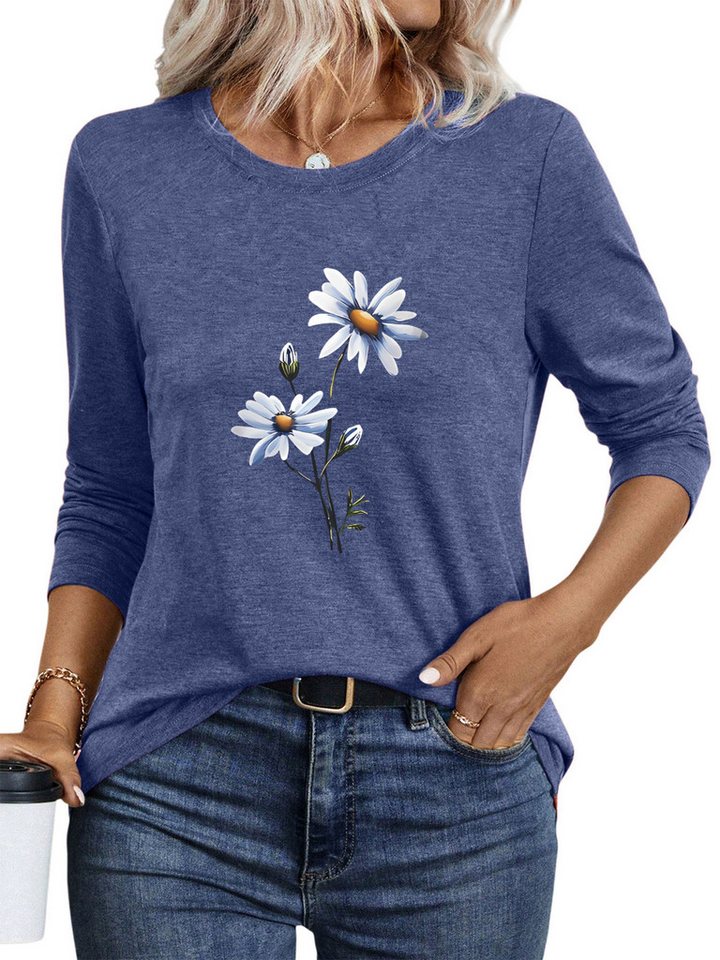 PYLIKE Rundhalsshirt Damen Rundhalsausschnitt Longsleeve mit Blumen Print-Shirt Geeignet für den täglichen Gebrauch im Büro und zu Hause von PYLIKE