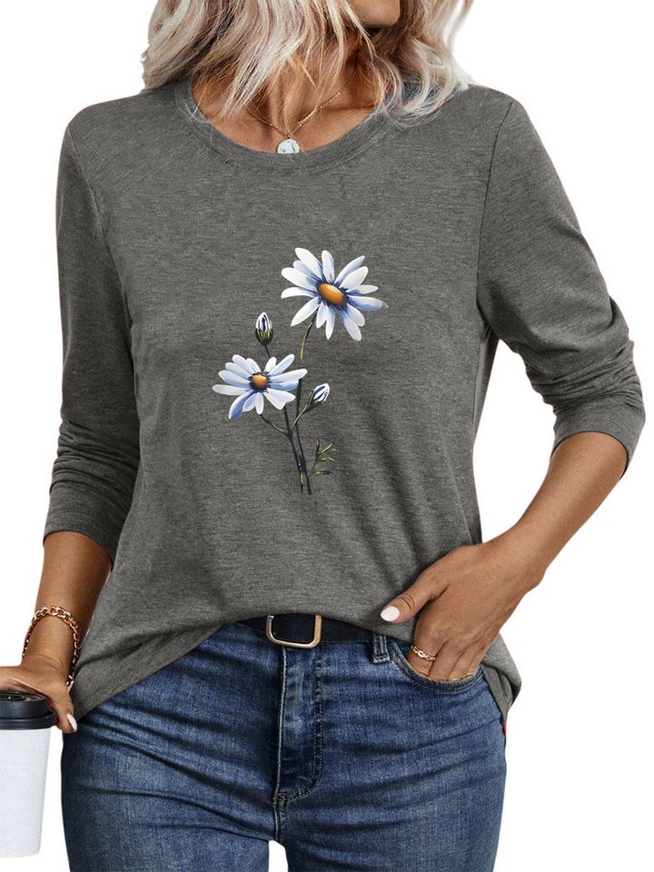 PYLIKE Rundhalsshirt Damen Rundhalsausschnitt Longsleeve mit Blumen Print-Shirt Geeignet für den täglichen Gebrauch im Büro und zu Hause PYLIKE Rundhalsshirt Damen Rundhalsausschnitt Longsleeve mit Blumen Print-Shirt Geeignet für den täglichen Gebrauch im Büro und zu Hause von PYLIKE