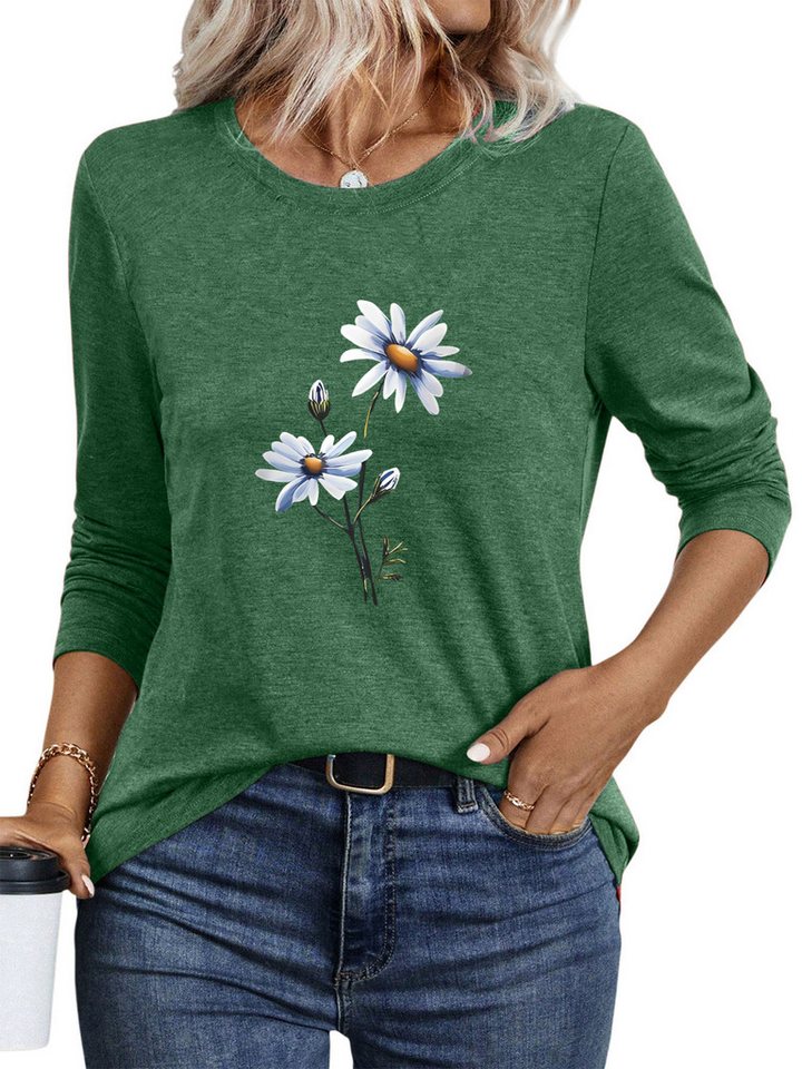 PYLIKE Rundhalsshirt Damen Rundhalsausschnitt Longsleeve mit Blumen Print-Shirt Geeignet für den täglichen Gebrauch im Büro und zu Hause PYLIKE Rundhalsshirt Damen Rundhalsausschnitt Longsleeve mit Blumen Print-Shirt Geeignet für den täglichen Gebrauch im Büro und zu Hause von PYLIKE