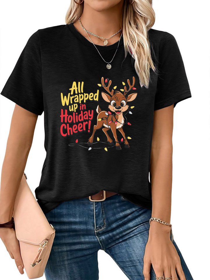 PYLIKE Rundhalsshirt Damen Weihnachten Kurzarmshirt mit Elch Druck bequemes t shirt Weihnachten Special Feiertag tragen von PYLIKE