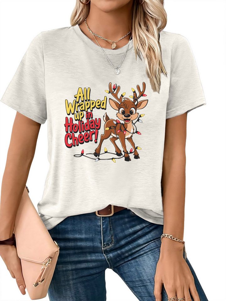 PYLIKE Rundhalsshirt Damen Weihnachten Kurzarmshirt mit Elch Druck bequemes t shirt Weihnachten Special Feiertag tragen von PYLIKE