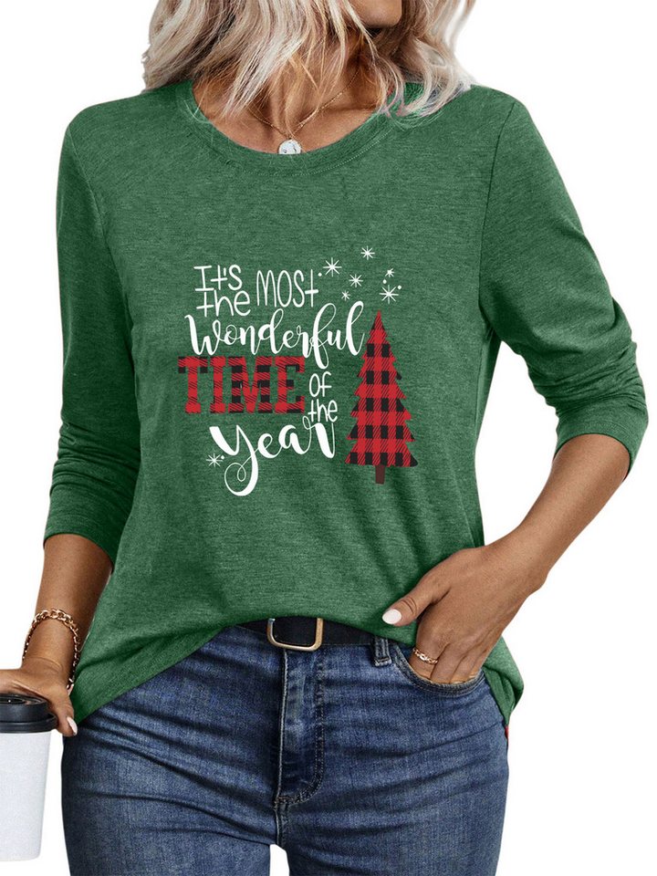 PYLIKE Rundhalsshirt Damen bequemes Festival Weihnachten Longsleeve Shirt Lockere Tops Weihnachts-Sonderanfertigungen von PYLIKE