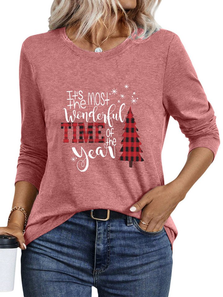 PYLIKE Rundhalsshirt Damen bequemes Festival Weihnachten Longsleeve Shirt Lockere Tops Weihnachts-Sonderanfertigungen von PYLIKE