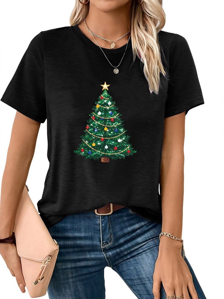 PYLIKE Rundhalsshirt Damen festlich Basic Rundhalsshirt mit Weihnachtsbaum Print t shirt Weihnachten Special Feiertag tragen von PYLIKE