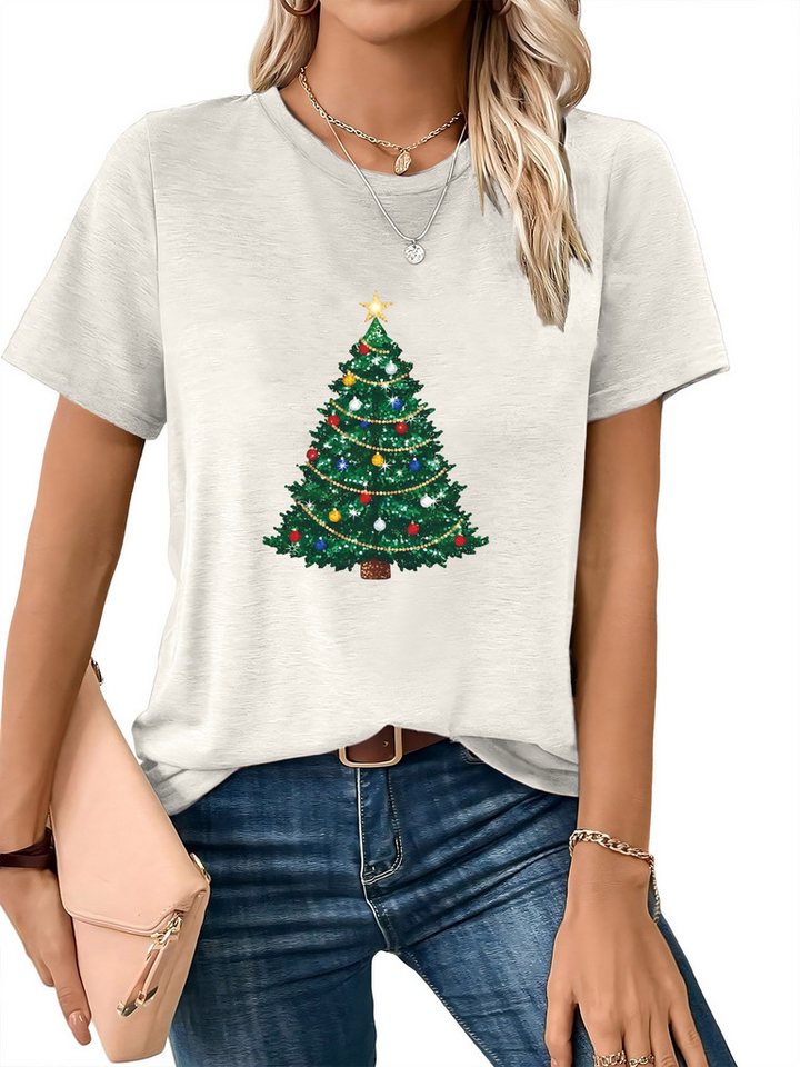 PYLIKE Rundhalsshirt Damen festlich Basic Rundhalsshirt mit Weihnachtsbaum Print t shirt Weihnachten Special Feiertag tragen von PYLIKE