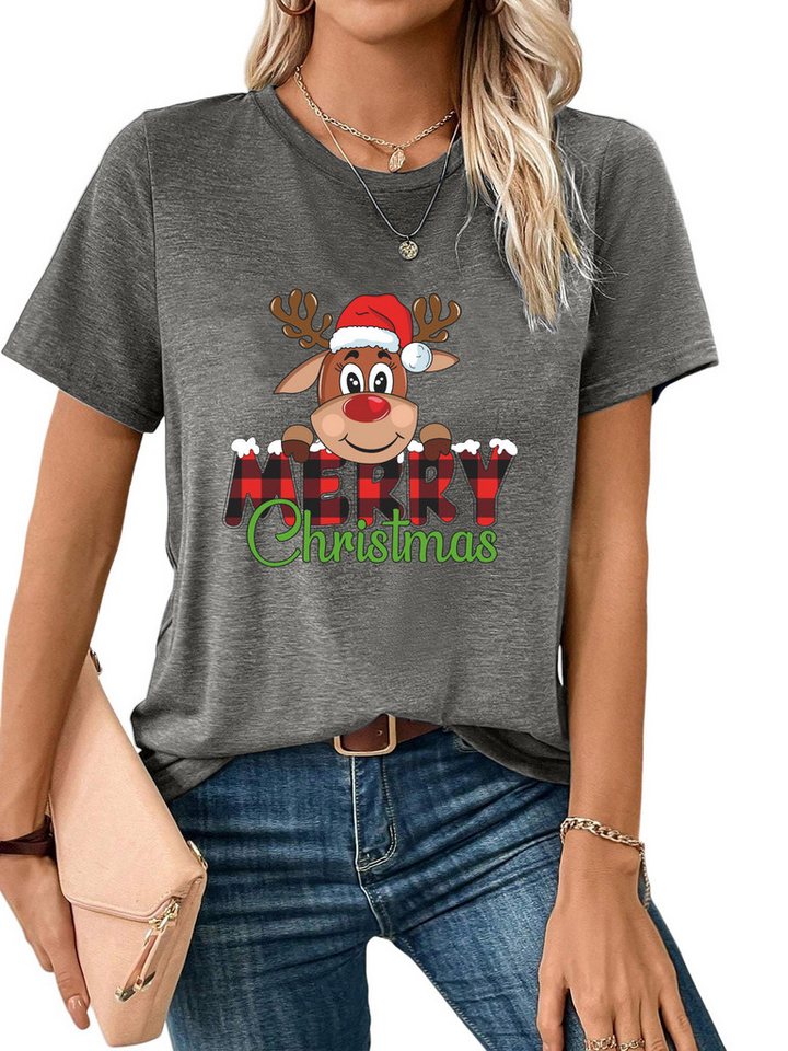 PYLIKE Rundhalsshirt Shirts Damen Weihnachten Niedliches Reh Print bequemes t shirt Weihnachten Special Feiertag tragen von PYLIKE