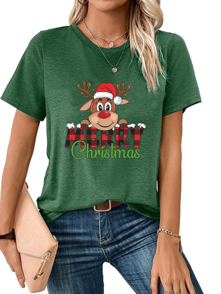 PYLIKE Rundhalsshirt Shirts Damen Weihnachten Niedliches Reh Print bequemes t shirt Weihnachten Special Feiertag tragen von PYLIKE