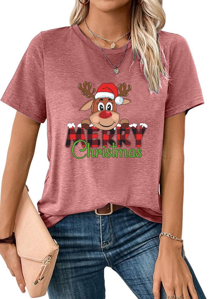 PYLIKE Rundhalsshirt Shirts Damen Weihnachten Niedliches Reh Print bequemes t shirt Weihnachten Special Feiertag tragen von PYLIKE