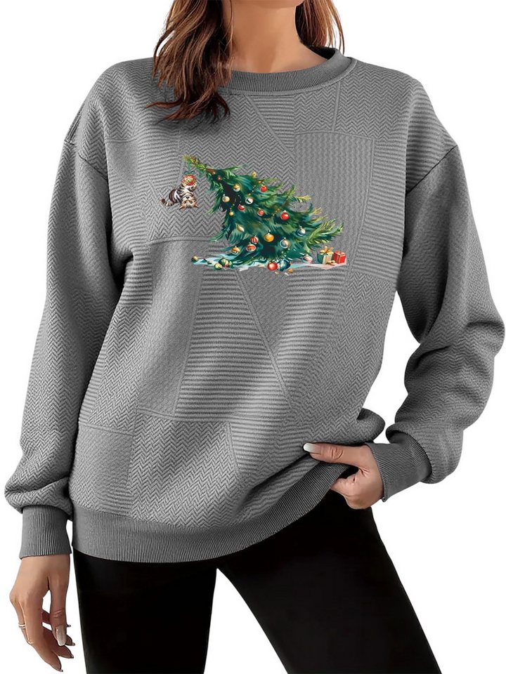 PYLIKE Sweatshirt Bequemer Damen Pullover mit Weihnachtsbaum Print und Drop-Shoulder Feiner Strukturstoff,Warm in Weihnachten Herbst & Winter von PYLIKE