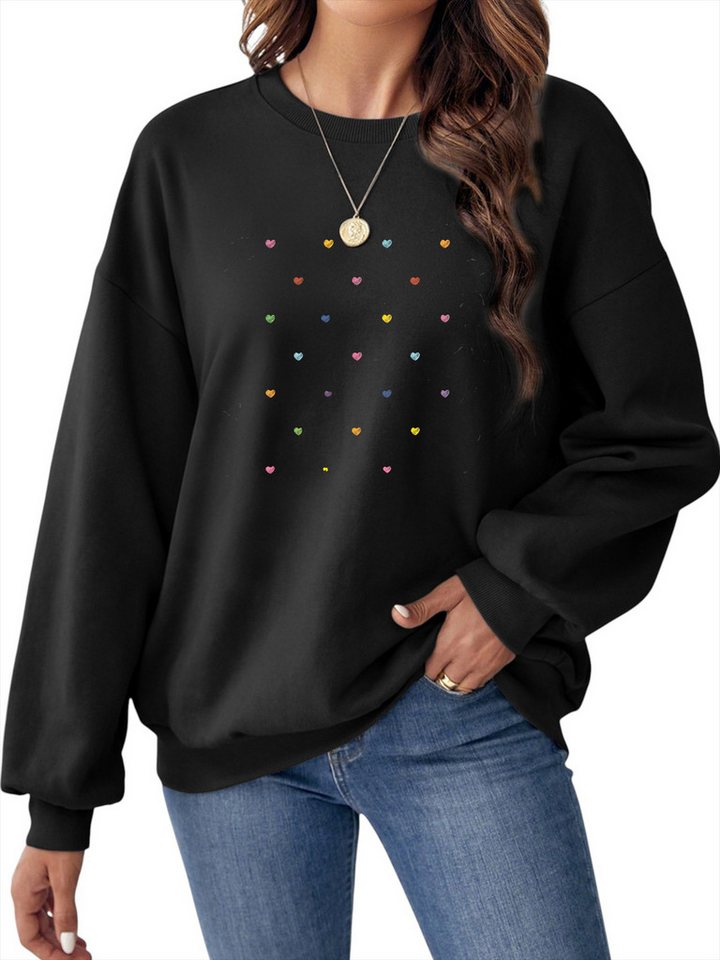 PYLIKE Sweatshirt Damen Langarm Lockerem Fleecepullover mit Bunte kleine Herzen Print Bequem für Herbst & Winter von PYLIKE