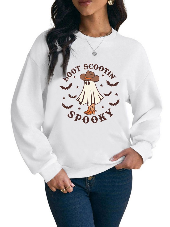 PYLIKE Sweatshirt Damen Pullover mit Süßer Geist Print,Fleecepullove für Halloween von PYLIKE