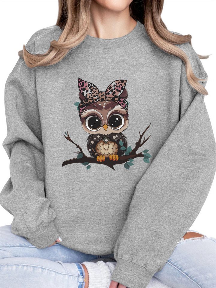 PYLIKE Sweatshirt Fleecepullover Damen,Sweatshirt mit Cartoon-Eule Print Bequem für Herbst & Winter von PYLIKE