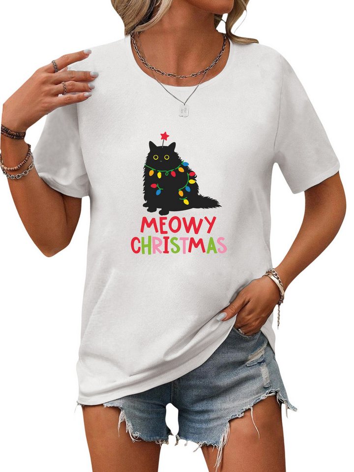 PYLIKE T-Shirt Damen Festlich Kurzarmshirt mit süßes Kätzchen Druck Weihnachten Special Feiertag tragen von PYLIKE