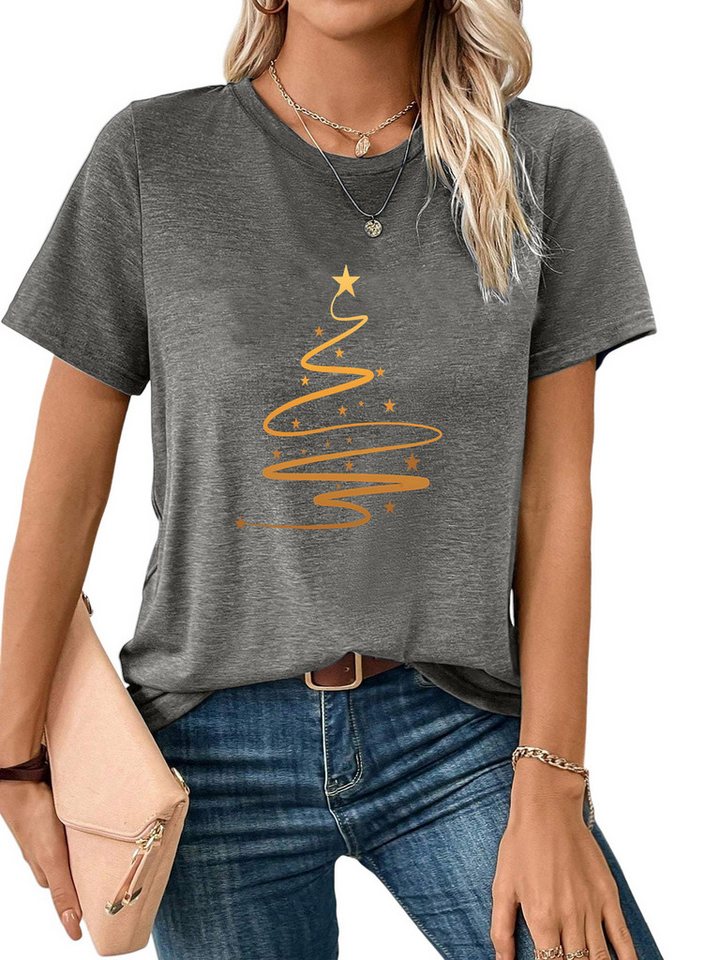 PYLIKE T-Shirt Damen Kurzarm Festlich Basic-Shirt mit Weihnachtsbaum Print Weihnachten Special Feiertag tragen von PYLIKE