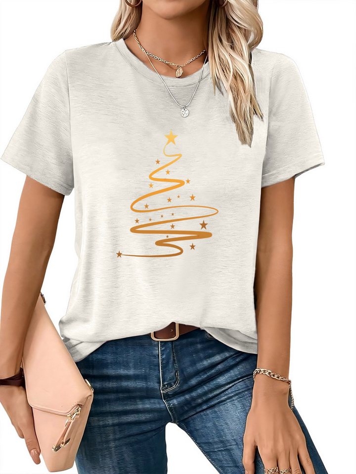 PYLIKE T-Shirt Damen Kurzarm Festlich Basic-Shirt mit Weihnachtsbaum Print Weihnachten Special Feiertag tragen von PYLIKE