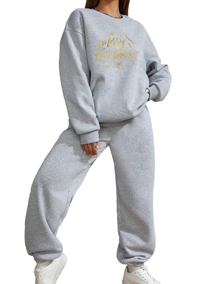 PYLIKE Trainingsanzug Weihnachten Lounge-Set Damen:Fleecepullover & Baggy-Hose (Set, weatshirt & Jogginghose), Weihnachten Print Sweatshirt & Jogginghose mit Taschen von PYLIKE