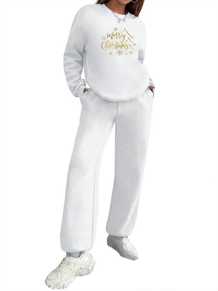 PYLIKE Trainingsanzug Weihnachten Lounge-Set Damen:Fleecepullover & Baggy-Hose (Set, weatshirt & Jogginghose), Weihnachten Print Sweatshirt & Jogginghose mit Taschen von PYLIKE