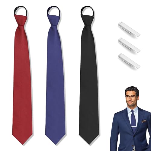 PYSEOSISE 3 Stück Herren Krawatten, Vorgebundene Verstellbare Krawatten mit Reißverschluss, Krawatte Vorgebunden und 3 Stück Krawattenklammern für Hochzeit Geschäft Büro Schule von PYSEOSISE