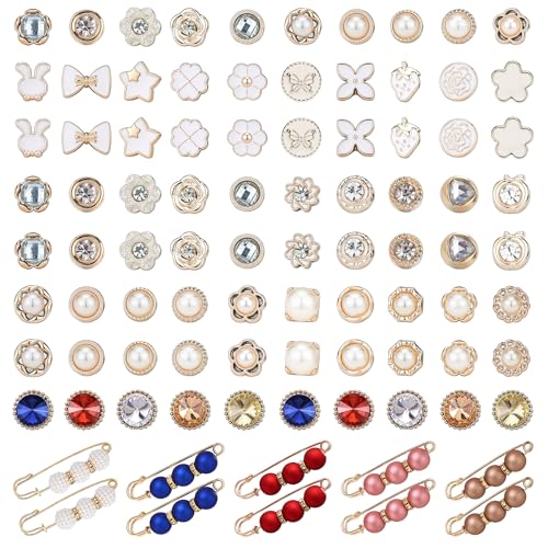 PYSEOSISE Brosche Knöpfe Damen, 90 Stück Broschen für Kleidung, Elegante Perlen Broschen Abnehmbar Knöpfe Ohne Nähen Sicherheitsnadeln für Hosen Cardigan Kleid Hüte Taschen von PYSEOSISE