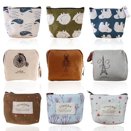 PYSEOSISE Mini Geldbeutel Canvas, 9 Stück Mini Geldbörse mit Reißverschluss, Vintage Portemonnaie Kleine Täschchen Kleiner Kosmetiktasche für Damen Münzen Lippenstift Karten von PYSEOSISE