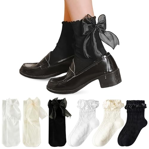 PYSEOSISE Rüschen Socken, 6 Paars Socken mit Rüschen Damen, 3 Farben Spitzensocken Rüschensocken Atmungsaktive Knöchelsocken Ballettsocken für Damen 34-38 von PYSEOSISE