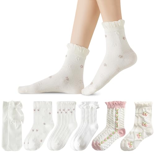 PYSEOSISE Rüschen Socken, 6 Paars Weiß Rüschensocken Damen, Süße Ballettsocken Spitzensocken Crew Söckchen Atmungsaktive Socken mit Rüschen für Damen 34-38 von PYSEOSISE