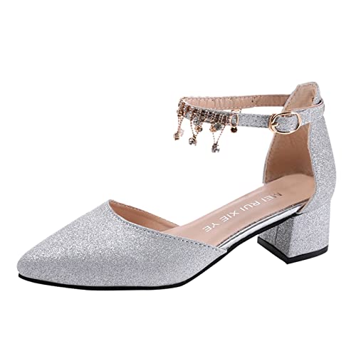 PYUIYY Damen Low Mid Square Heel Knöchelriemen Sandale Büro Damen Pumps Schuhe Chunky Heels Sandalen Silberne Schuhe Damen von PYUIYY