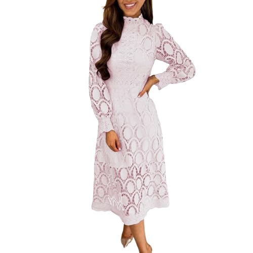 PYUIYY Abendkleider Damen Spitzenkleid Hochzeitsgastkleid Langarm Puffärmel Cocktailkleid Partykleid Stehkragen A-Linie Midikleid Wickelkleid Ausgehöhlt Festliche Kleider(Beige,M) von PYUIYY