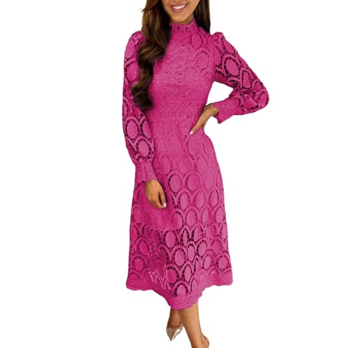 PYUIYY Abendkleider Damen Spitzenkleid Hochzeitsgastkleid Langarm Puffärmel Cocktailkleid Partykleid Stehkragen A-Linie Midikleid Wickelkleid Ausgehöhlt Festliche Kleider(Heißes Rosa,L) von PYUIYY