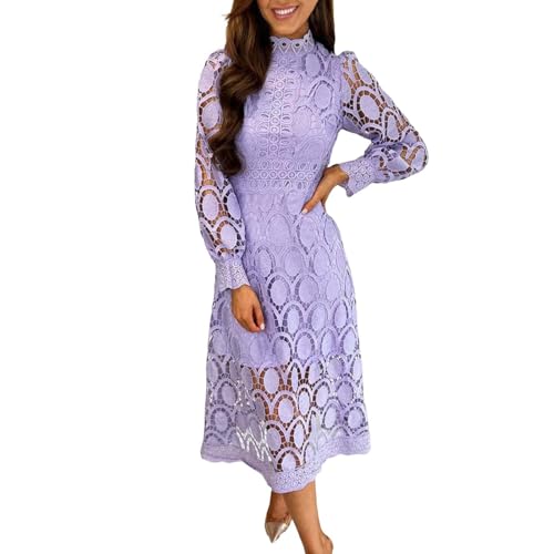 PYUIYY Abendkleider Damen Spitzenkleid Hochzeitsgastkleid Langarm Puffärmel Cocktailkleid Partykleid Stehkragen A-Linie Midikleid Wickelkleid Ausgehöhlt Festliche Kleider(Lila,M) von PYUIYY