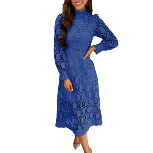 PYUIYY Abendkleider Damen Spitzenkleid Hochzeitsgastkleid Langarm Puffärmel Cocktailkleid Partykleid Stehkragen A-Linie Midikleid Wickelkleid Ausgehöhlt Festliche Kleider(Marineblau,XXL) von PYUIYY
