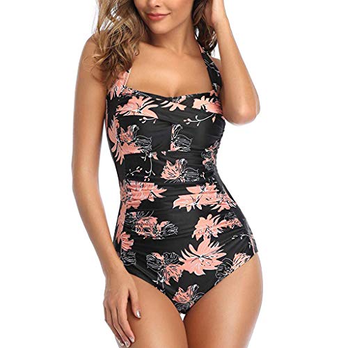 PYUIYY Bademode Damen Vintage Oversize Einfarbig Einteilige Neckholder Monokini Badebekleidung große Größen Blummenmuster Schnürung Falten Bandeau Schwimmanzug Badeanzug(Orange,XXXL) von PYUIYY