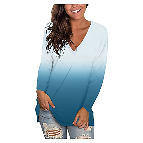 PYUIYY Bluse Damen Oversize Lose Freizeit Farbverlauf Shirts Hemd Langarmshirt V Ausschnitt Langarm Longshirt Oberteile Tops Tunika Pullover Sweatshirt Hemden Mädchen Teenager(A Blau,XXL) von PYUIYY