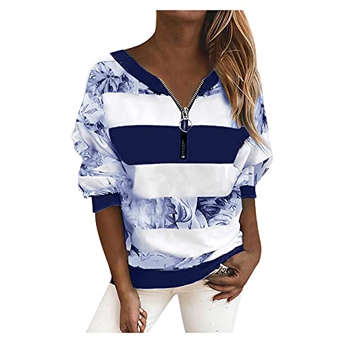 PYUIYY Bluse Damen Sommer Herbst Elegant Mode Casual Einfarbig Oberteile Tops Tunika T-Shirt Langarm V-Ausschnitt mit Reißverschluss Streetwear Shirts Hemden Sweatshirt Pullover(G Blau,L) von PYUIYY