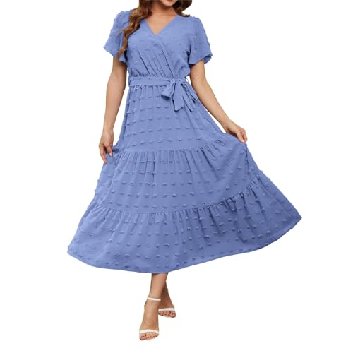 PYUIYY Damen Kleider V-Ausschnitt Blütenblätter Ärmel Einfarbig Midikleid Blumendruck Polka Dot Elegantes Spitzenkleid Hohe Taille Plissiert Kuchen Kleid Sommerkleider(Himmelblau,S) von PYUIYY