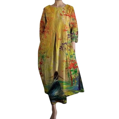 PYUIYY Kleider Damen 3/4 Ärmel V-Ausschnitt Freizeitkleid Tunika Kleid Blumendruck Sommer Strandkleid Sommerkleid Boho Partykleid Blumenkleid Übergröße Lose Maxikleid Urlaubskleid (C Gelb,XXL) von PYUIYY